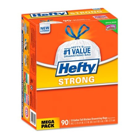 Reynolds Hefty  Strong Tall Kitchen Drawstring Trash Bags - White, 13 Gal, 0.9 Mil, 90/Box - RFPE84574